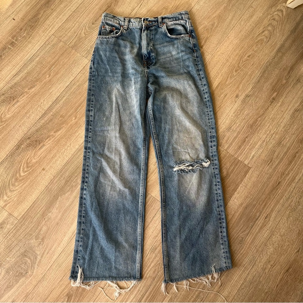 Zara Straight Leg High Waisted Distressed Jeans
